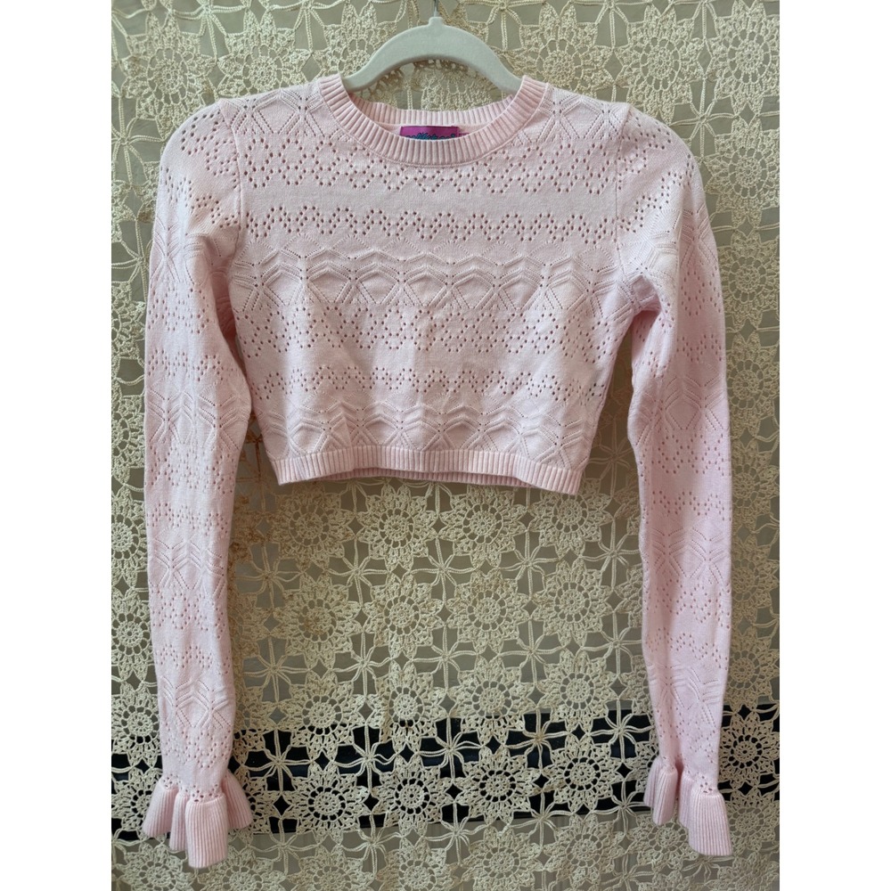 Y2K Edikted Pink Eyelet Cropped Long Sleeve Sweater Ruffle Cuff Size S‎